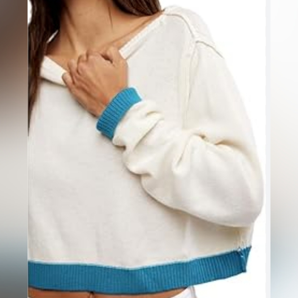 Free People Cream Cropped Sweater with Teal Trim - Picture 4 of 16
